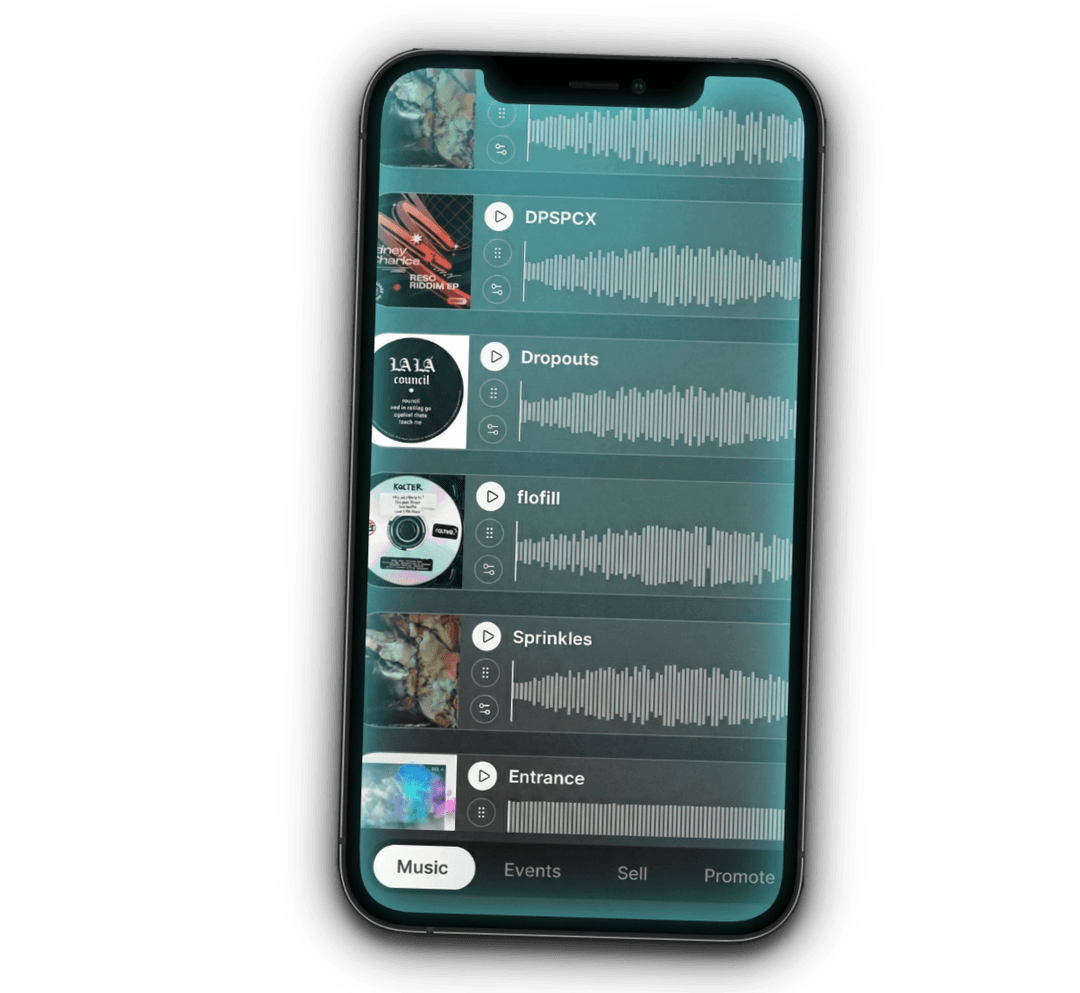 Spacey.fm app showing link in bio, streaming, calendar and selling features